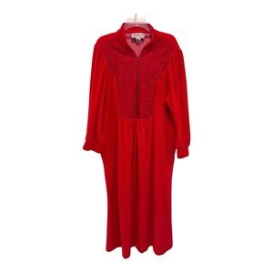 Vintage Saybury Velour Robe Large Red Quilted 80s Lounger 1/2 Zip Granny Gown